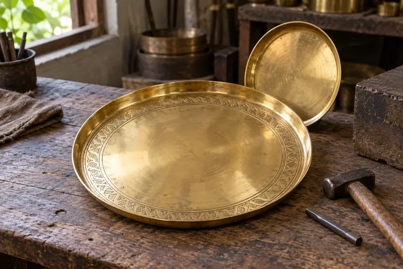A patterned brass tray rests on a worn wooden workbench beside a hammer and punch, with a smaller tray leaning behind.