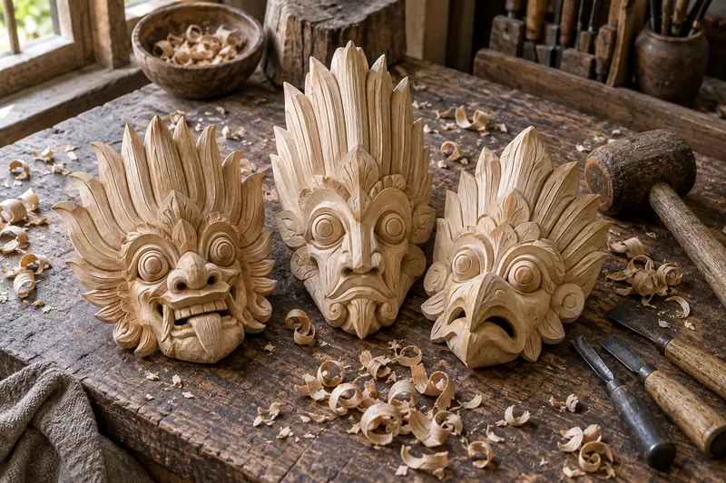 Three unpainted carved wooden masks rest on a worn workshop bench beside wood shavings, chisels and a wooden mallet.