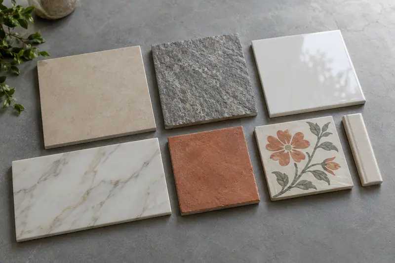 Ceramic tile samples in beige, grey, white, marble, terracotta and floral finishes sit beside a trim on a grey table.