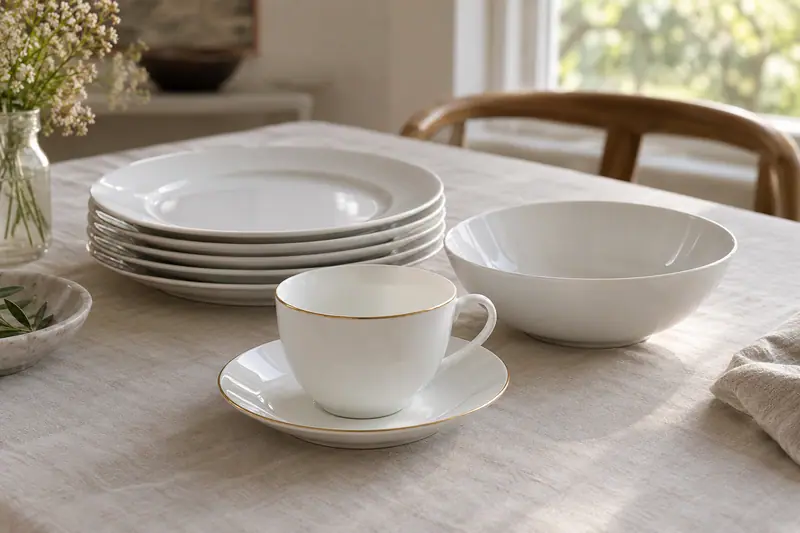 White porcelain plates, a soup bowl, and a gold-rimmed cup and saucer sit on pale linen in soft window light.