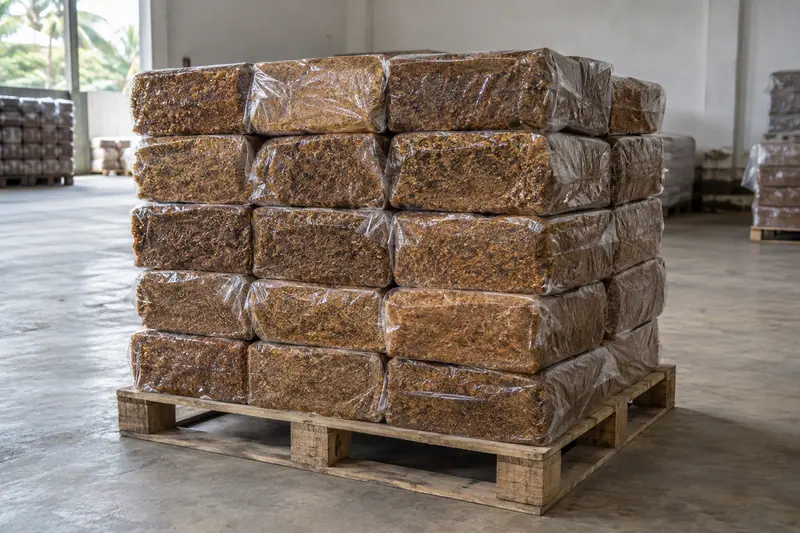 Brown compressed raw rubber blocks wrapped in clear polythene, stacked on a wooden pallet in a sunlit warehouse.
