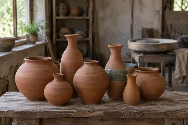 Terracotta pots and vases, one with a green glaze band, stand on a wooden shelf with a potter’s wheel behind them.
