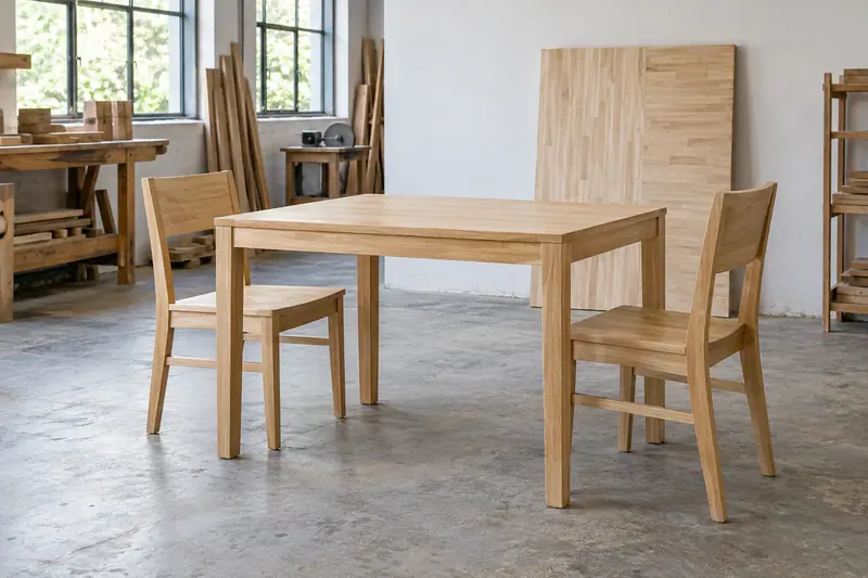 A pale rubberwood dining table and two matching chairs stand in a sunlit workshop, with a laminated panel against the wall.