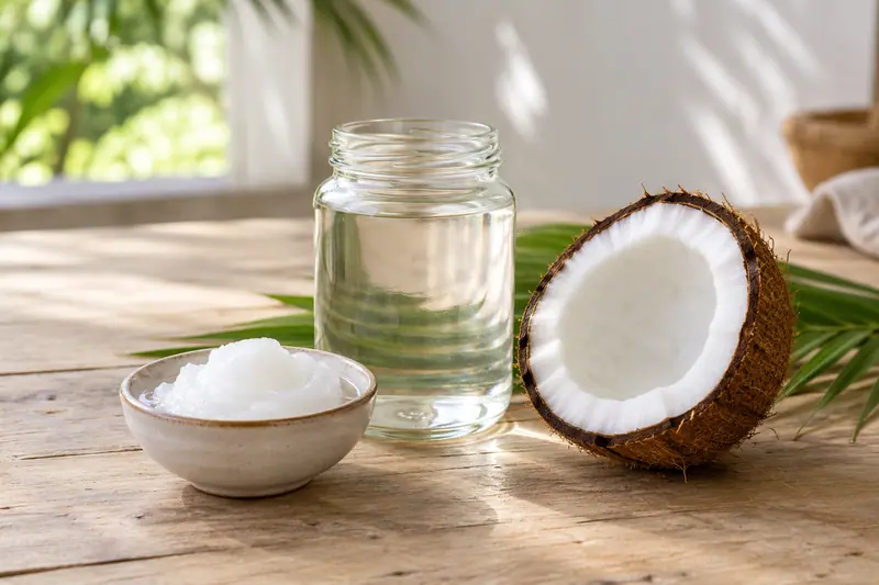 Clear coconut oil in a glass jar beside a dish of white solid coconut oil and a coconut half on a light wooden table.