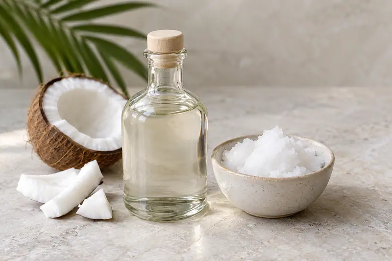 A glass bottle of clear coconut oil beside a bowl of solid white oil, coconut pieces and a coconut half on pale stone.