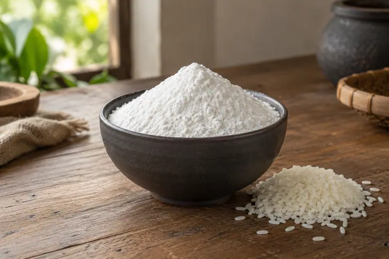 A dark ceramic bowl heaped with white rice flour sits beside a small pile of raw rice grains on a sunlit wooden table.