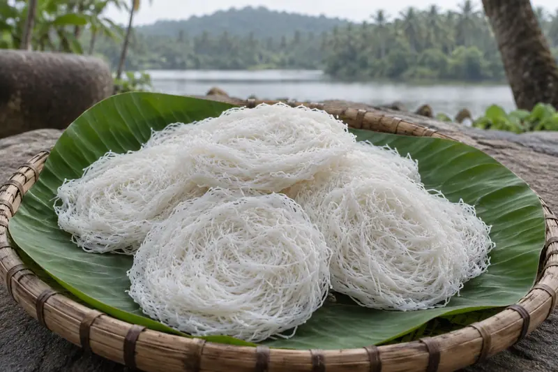 White string hoppers overlap on a green banana leaf in a woven tray, with a lake and palms in the background.