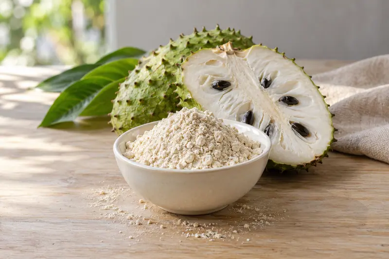 A bowl of pale soursop powder sits on pale wood with halved green soursop showing white flesh and black seeds behind it.