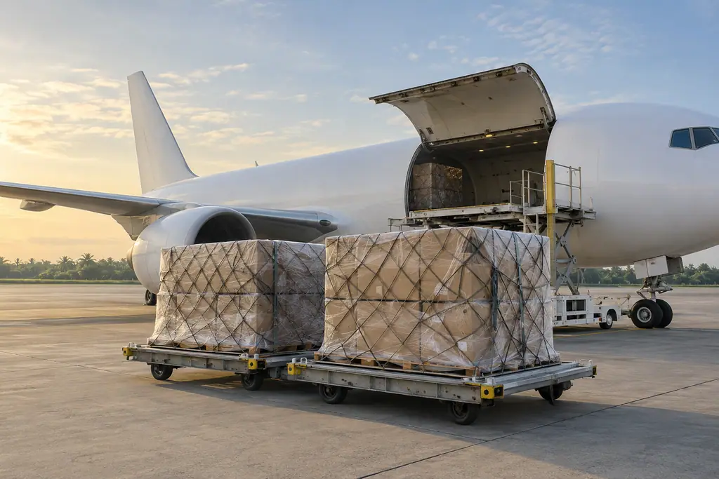 Air cargo pallets beside a cargo aircraft