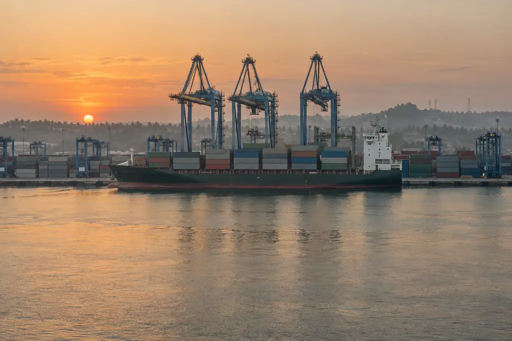 Container ship and gantry cranes at a container port