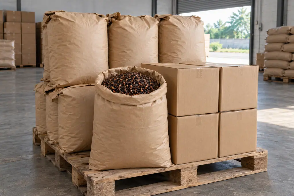 Paper sacks and cartons stacked on a wooden pallet in a warehouse