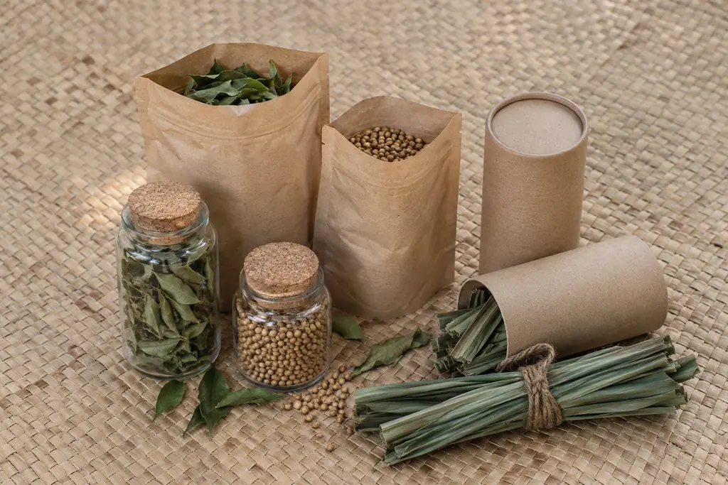 Kraft paper pouches, jars and paper tubes filled with dried leaves and seeds