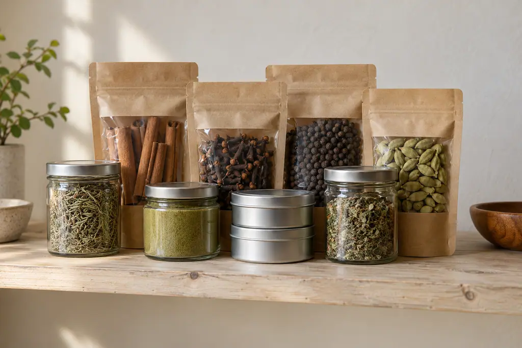 Pouches, glass jars and tins of spices and dried herbs on a shelf