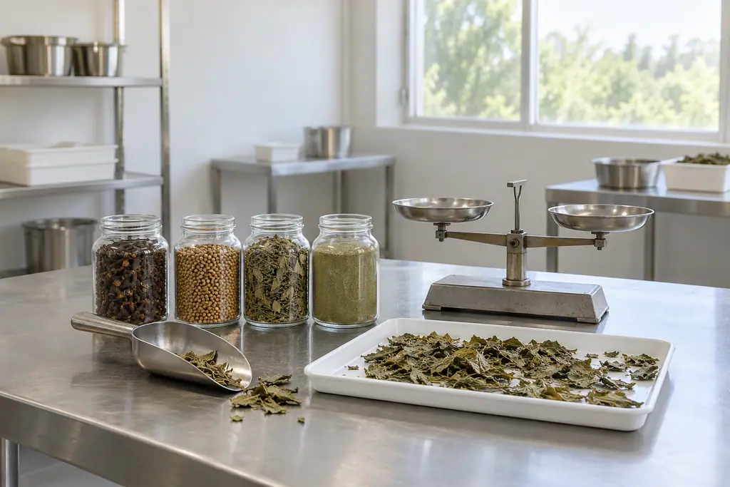 Glass jars of spices, herbs and green powder, a scoop, dried leaves and a balance scale sit on a sunlit steel bench.