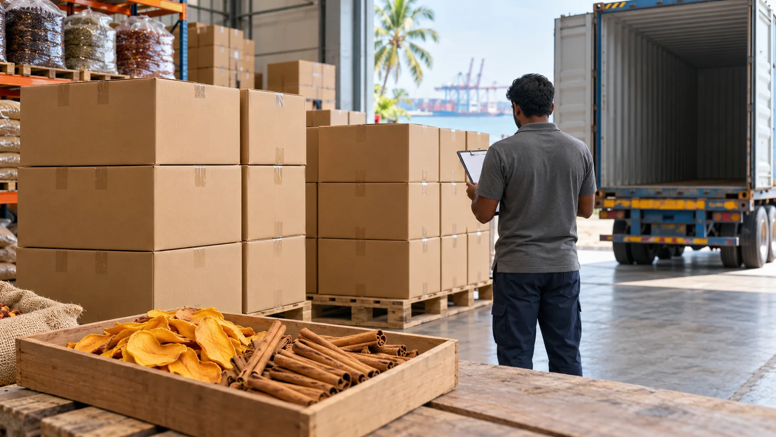 A worker checks cartons beside an open shipping container, with cinnamon and dried mango in a Sri Lankan warehouse.