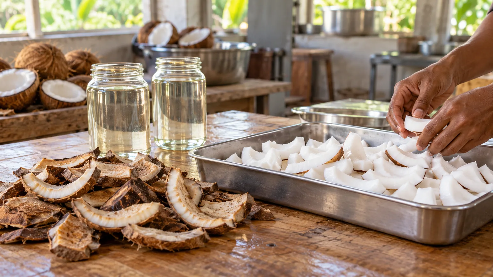 Hands sort fresh white coconut kernels beside dried copra and two unlabelled jars of clear coconut oil.