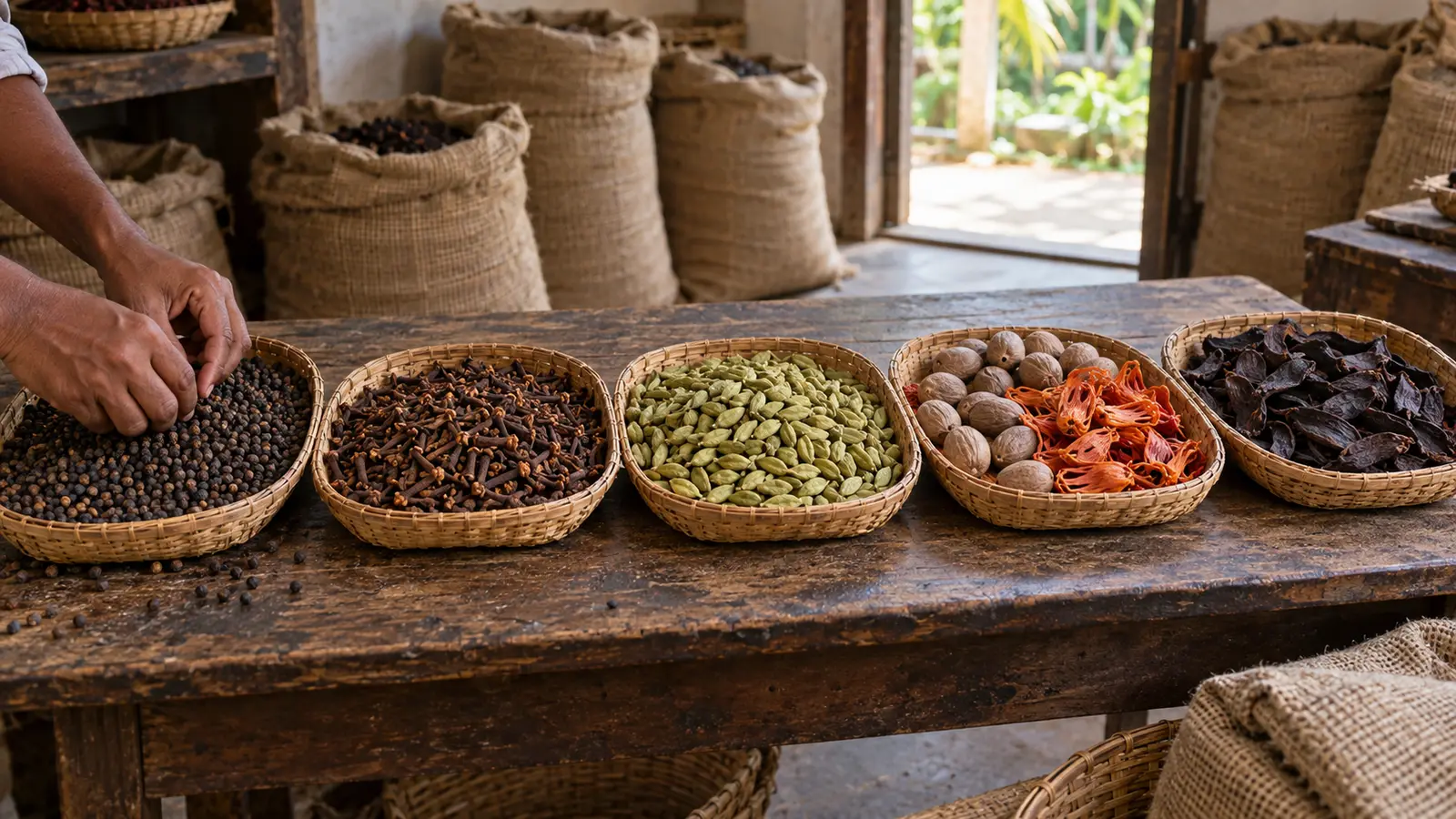 Hands sort peppercorns beside woven trays of cloves, cardamom, nutmeg, mace and dried goraka on a wooden table.