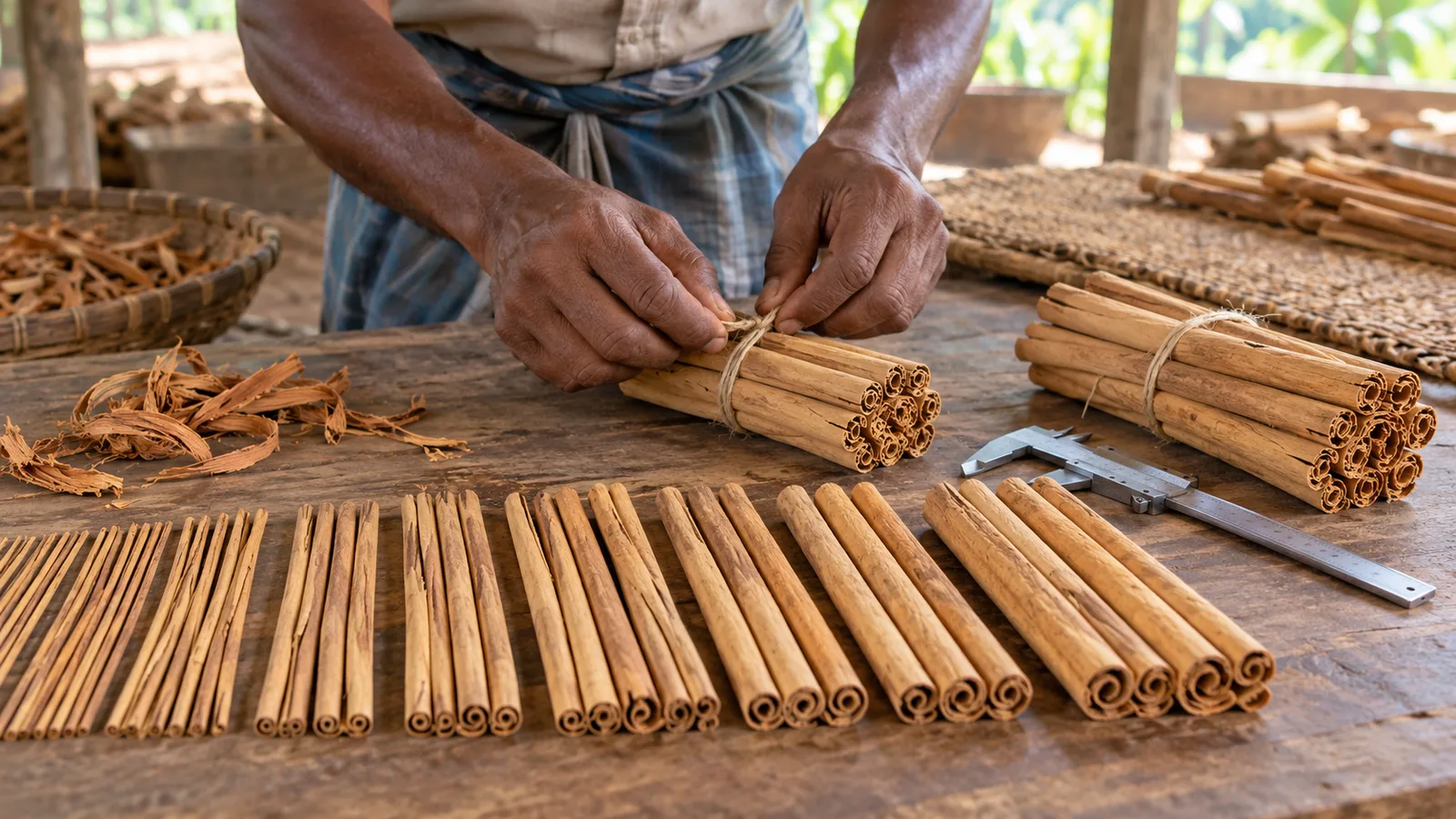 Hands tie light tan Ceylon cinnamon quills with twine beside rows sorted by thickness and a caliper on a wooden table.