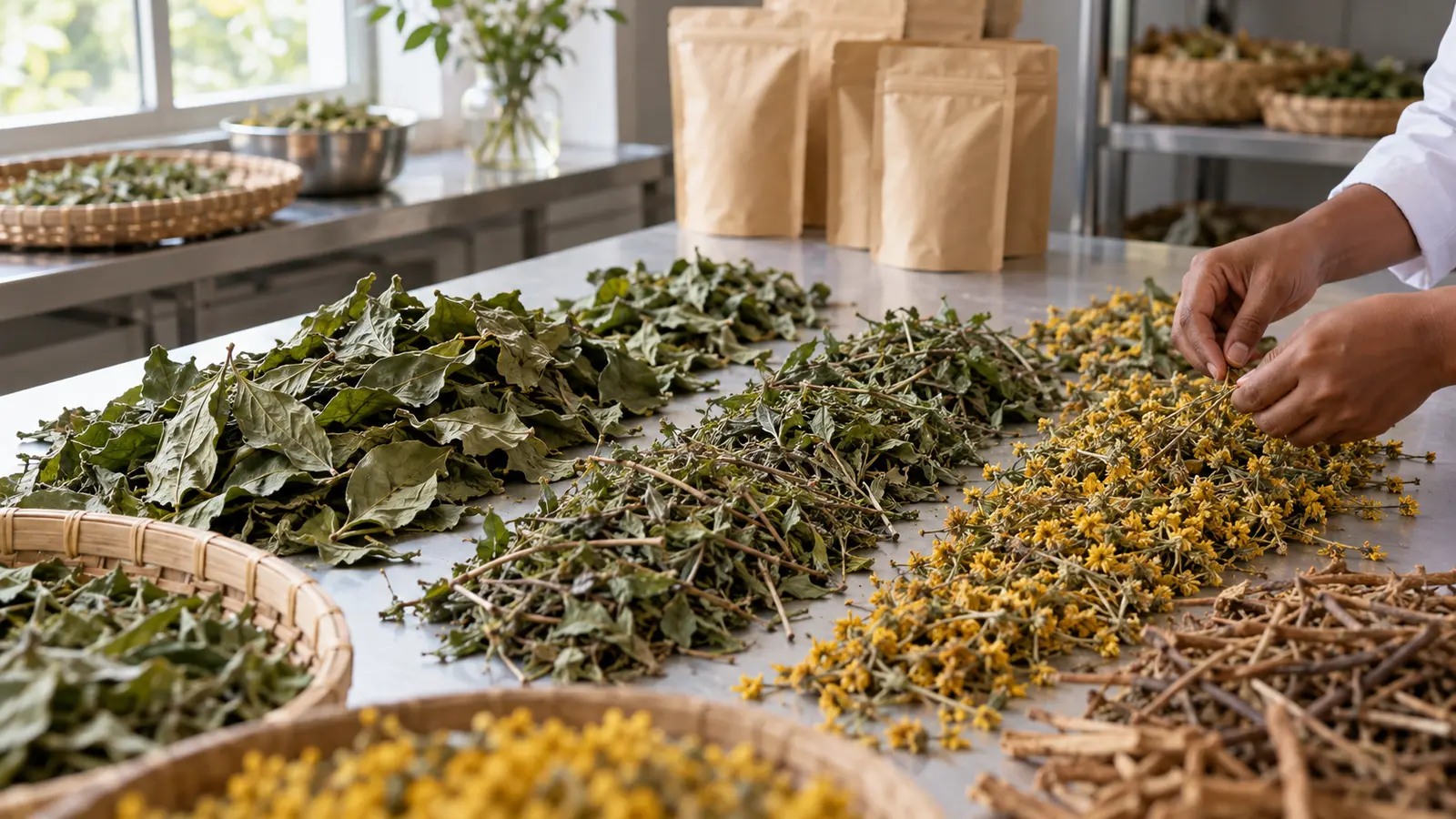 A worker's hands sort dried herbal leaves and yellow flowers on a clean table beside blank packing pouches.