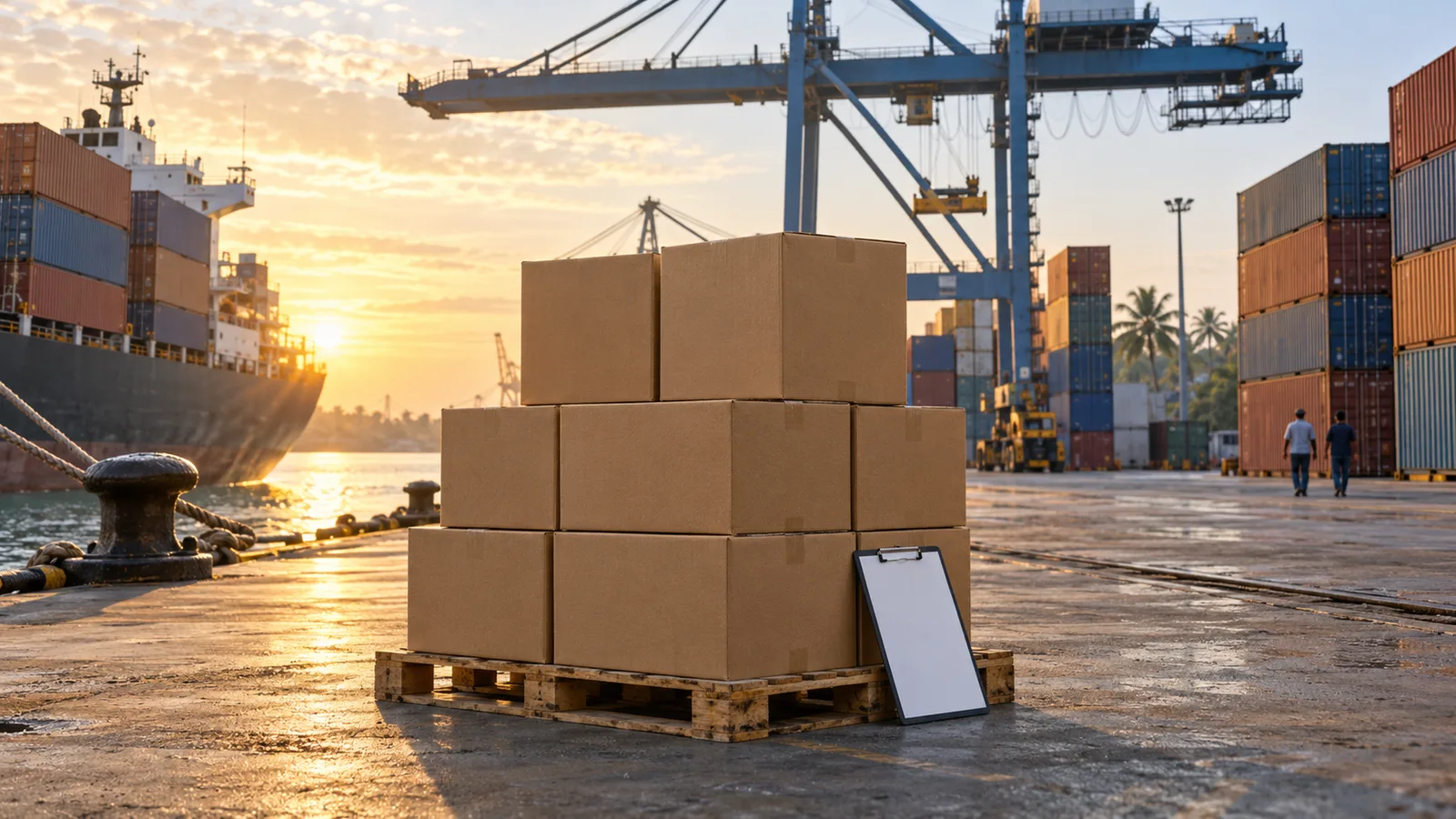 Plain export cartons and a blank clipboard sit on a pallet before stacked shipping containers at a tropical port at sunrise.