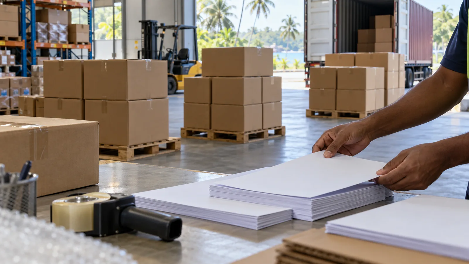 Hands arranging blank export paperwork beside sealed cartons in a sunlit Sri Lankan warehouse.