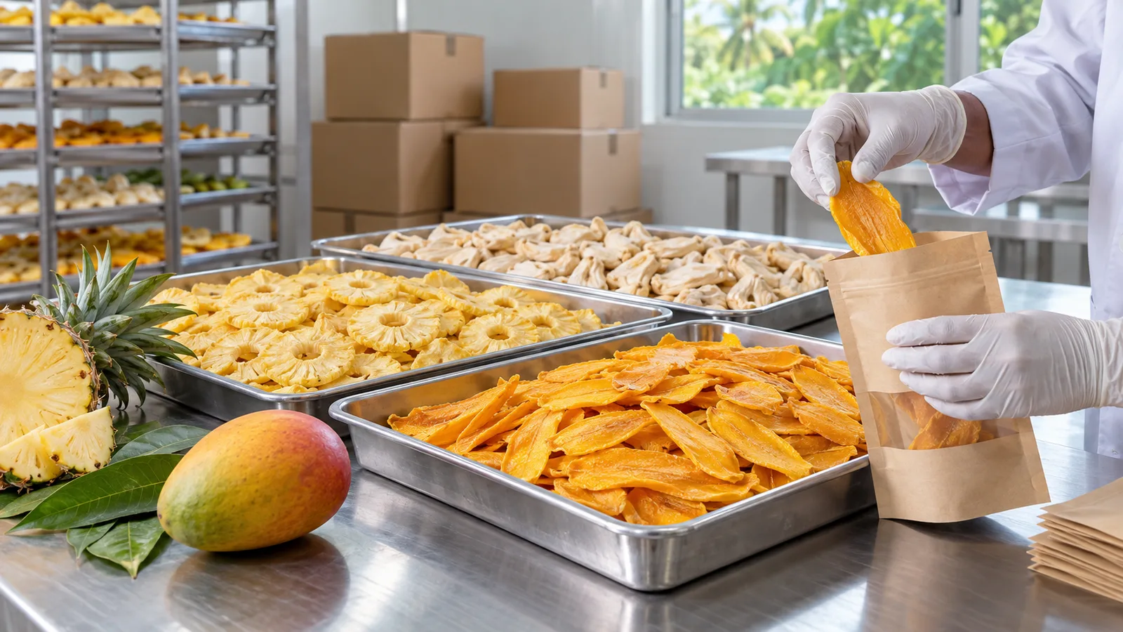 Gloved hands pack dried mango into a plain pouch beside steel trays of dehydrated pineapple and jackfruit.