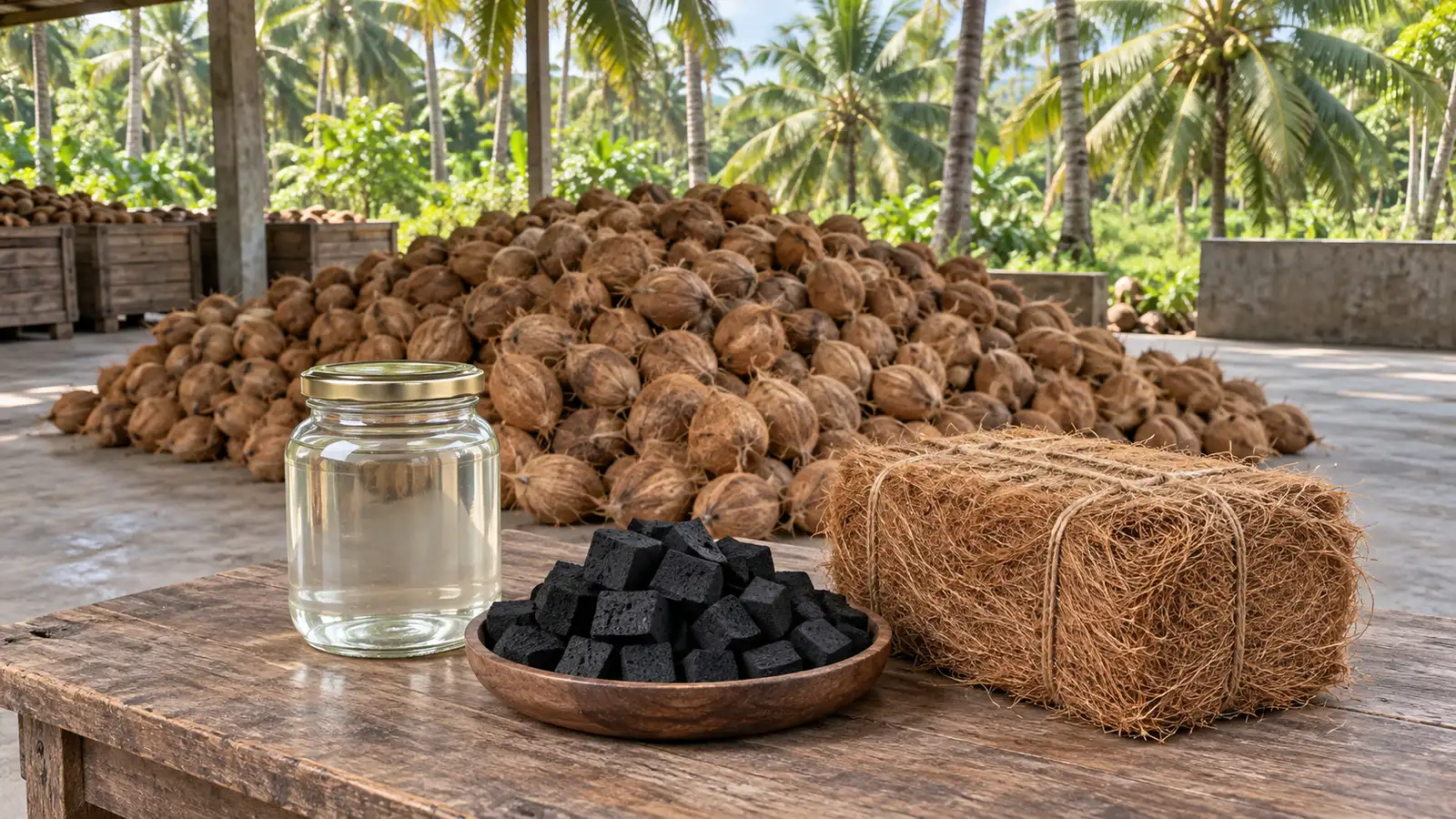 Husked coconuts, clear coconut oil, shell charcoal cubes and coir fibre sit beside a Sri Lankan coconut grove.