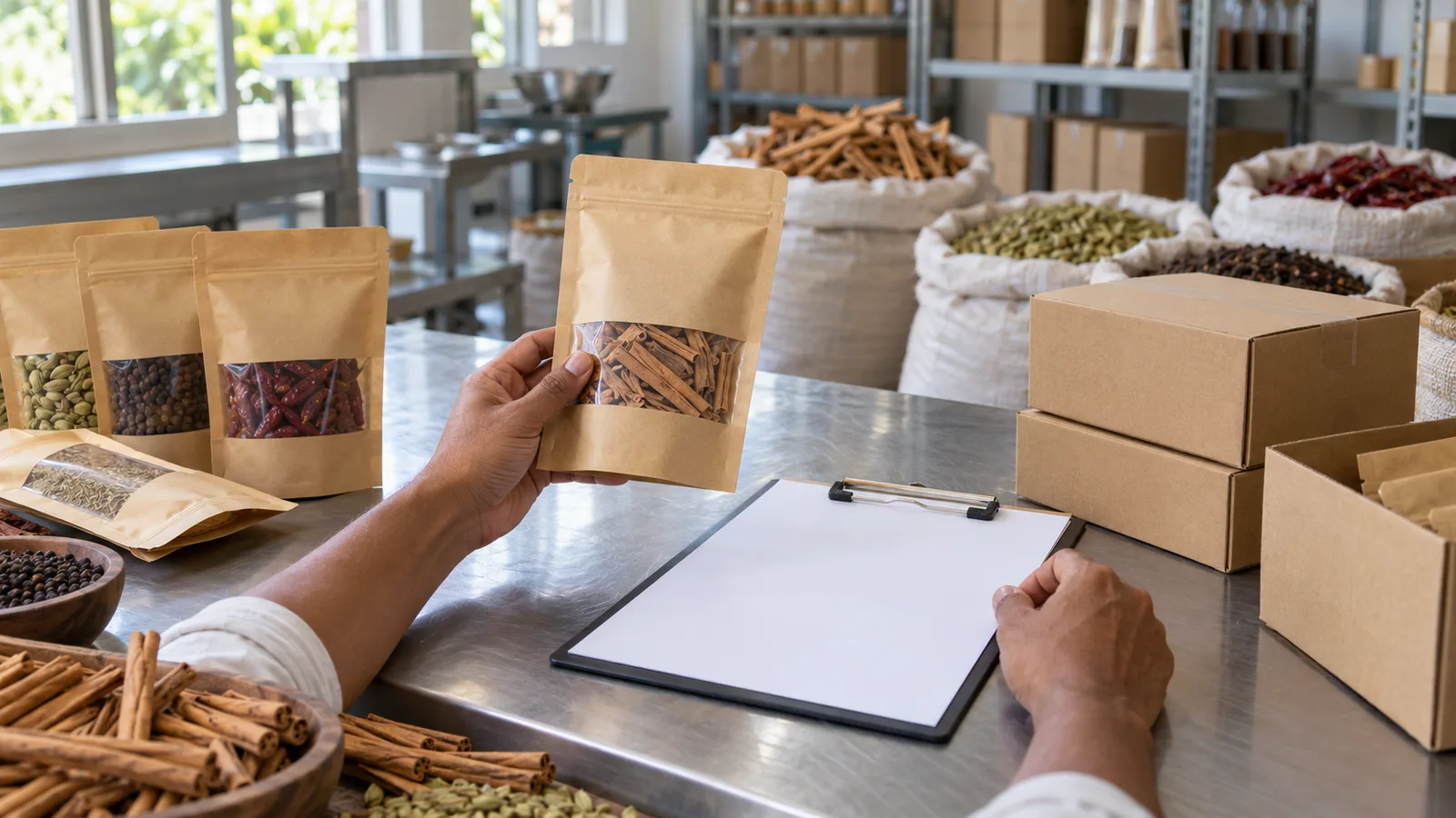 Hands check a sealed spice pouch beside a blank clipboard in a Sri Lankan export packing room.