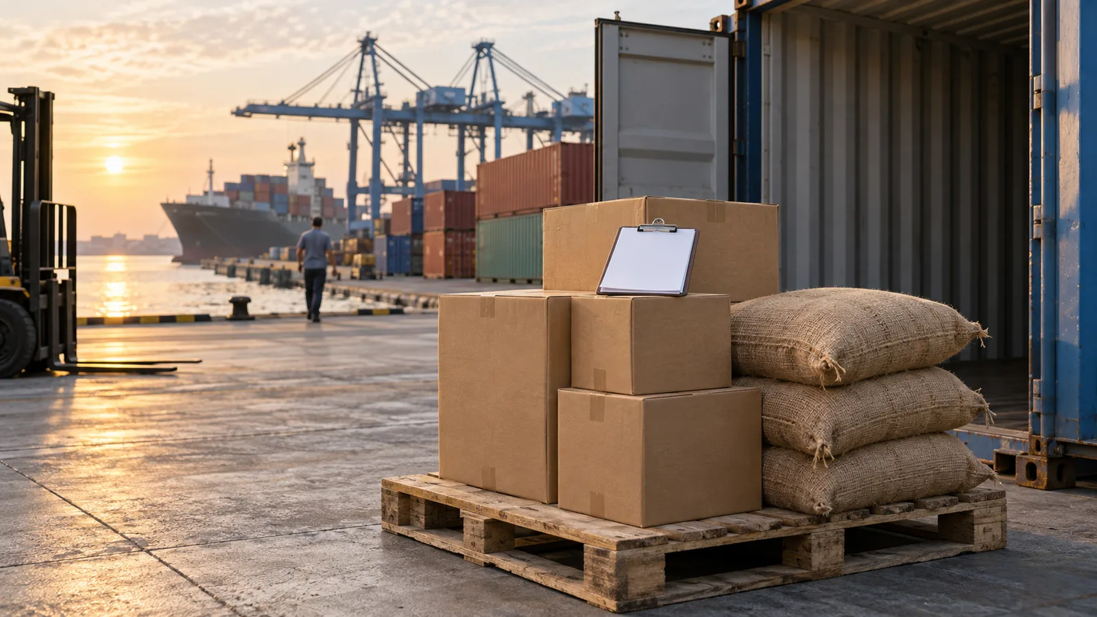 Blank export cartons and jute sacks on a pallet beside an open shipping container at a Sri Lankan port.