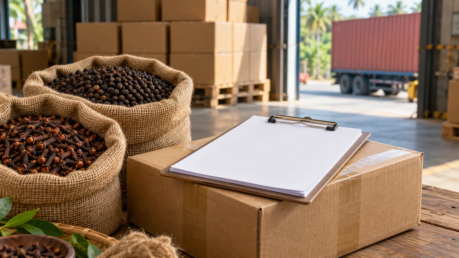 Blank papers on a clipboard rest on a plain carton beside sacks of peppercorns and cloves in a Sri Lankan warehouse.
