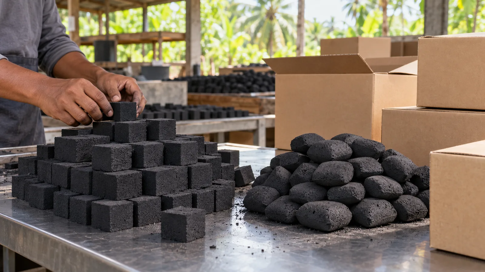 Coconut charcoal cubes and pillow-shaped briquettes sit beside plain cartons as a worker sorts cubes in a packing shed.