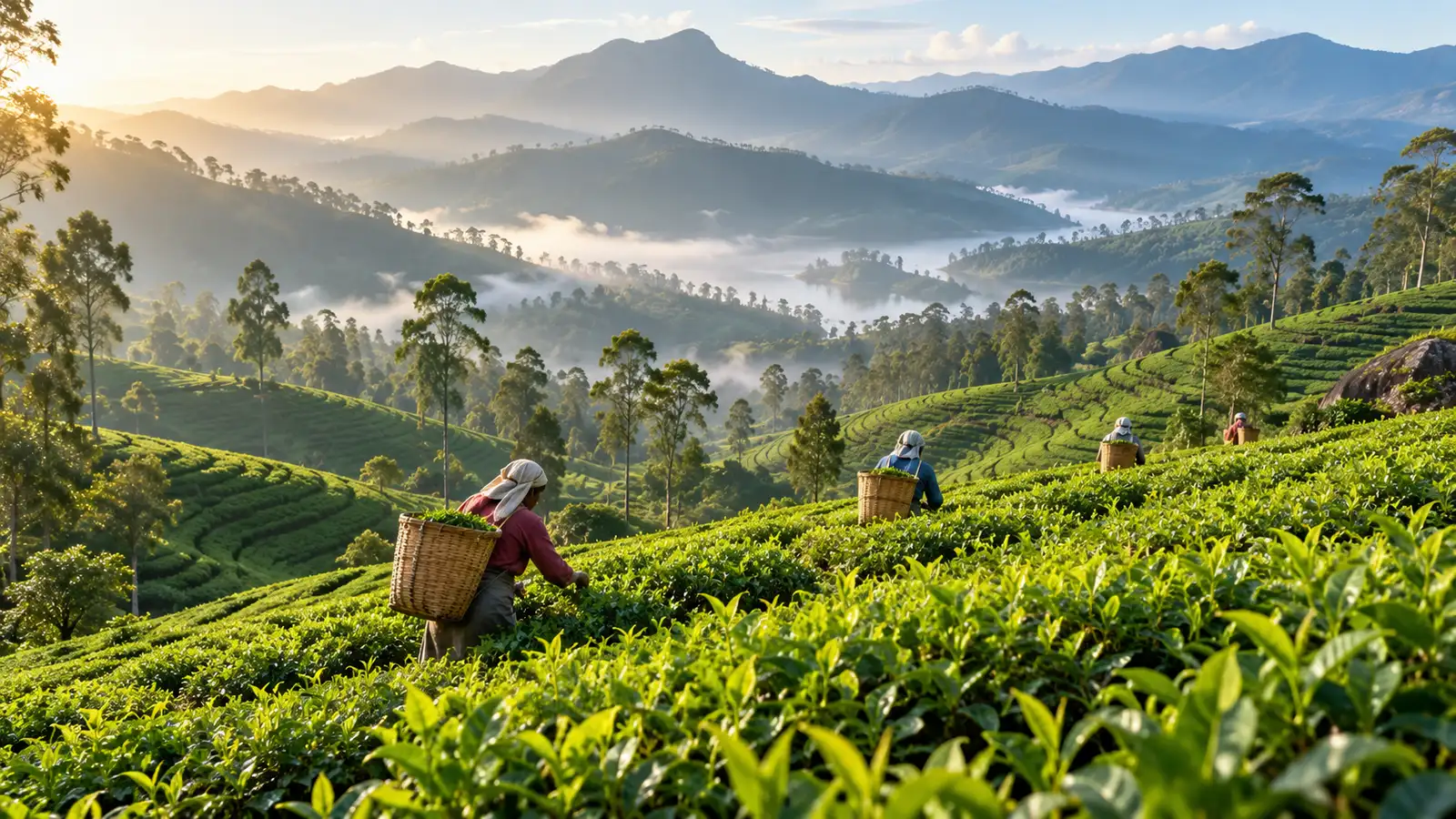 Tea pickers with woven baskets work among terraced green bushes above a misty Sri Lankan valley in morning light.